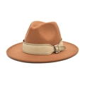 Caramel brown wide brim wool fedora hat with cream leather strap and metal buckle - M (56-58cm) / Khaki