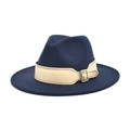 Detailed close-up of dark blue wool fedora hat with beige leather strap and silver buckle - M (56-58cm) / Navy Blue