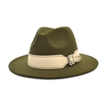 Detail of dark olive wool fedora hat featuring off-white leather band and silver buckle - M (56-58cm) / Army Green