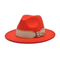 Close-up of red wide brim fedora with beige leather band and metal buckle detail - M (56-58cm) / Orange Red