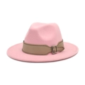 Detailed close-up of a pink wool felt jazz hat featuring a leather band with metal buckle - M (56-58cm) / Pink