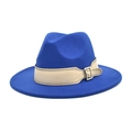 Close-up of royal blue wool fedora hat with beige decorative band and silver buckle - M (56-58cm) / Sapphire Blue