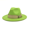 Close-up of neon green wool fedora hat with khaki leather strap and silver buckle - M (56-58cm) / Fruit Green