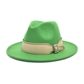 Detail of bright green wide brim fedora with cream leather band and silver buckle - M (56-58cm) / Grass Green