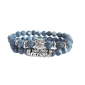 Blue-grey agate bead bracelet set with silver owl charm and vintage carved tube spacer - Black Weathered Agate