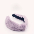Detail view of the soft purple faux rabbit fur headband with black inner lining - Purple
