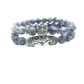 Blue and white stone bead bracelet set with silver owl charm and vintage metal beads - Blue Spot Jasper