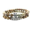 Set of two beaded owl bracelets with earth-tone natural stones and silver charms - Jasper