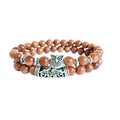 Brown goldstone double layer owl charm bracelet with silver bohemian beads set - Gold Sandstone