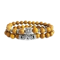 Bohemian owl charm beaded bracelet set with yellow stone beads and silver metal tube - Jasper