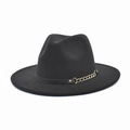 Close-up of black wool fedora featuring a decorative gold chain and leather belt band - M (56-58cm) / Black