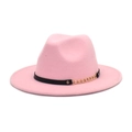 Macro detail of pink felt wool fedora hat with black leather strap and gold chain link - M (56-58cm) / Pink