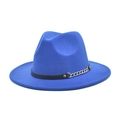 Detail of Klein blue fedora hat featuring a black leather band and gold metal chain link - M (56-58cm) / Sapphire Blue