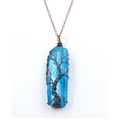 Blue quartz crystal pendant necklace with bronze wire wrapped tree of life design - Antique Bronze Wire Dark Blue