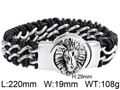 Men's punk leather and steel chain bracelet featuring a silver lion head buckle - Silver Lion Head
