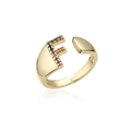 Macro detail of 18K gold letter F ring featuring vibrant colorful zircon stone inlays - Adjustable Open / Letter F