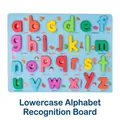 Wooden lowercase alphabet puzzle board with colorful letters and animal illustrations - Lowercase Letter Recognition Board