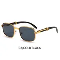 Retro rectangle sunglasses with gold metal frame and black lenses in 3/4 view - Gold Frame Grey Lens (C2)