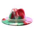 Blue tie-dye fedora wool hat with three rows of white pearl ribbon decor and wide brim - Red Tie-dye