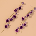 Elegantes pendientes largos de borla con rosas púrpuras, brillantes diamantes y oro - Rosa de Borla Morada (Pin de Plata)