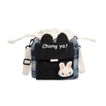 Cute blue plaid drawstring bucket bag with cartoon rabbit patch and black ears - Plaid Style / Black