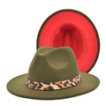 Dettaglio cappello fedora bicolore verde militare e rosso con fascia leopardata - M(56-58cm) / Verde Militare + Rosso