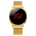Sleek gold LED touch screen watch with black face and magnetic mesh band showing 9:02 - Gold