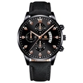 Men's business quartz watch with black roman dial, date window, and matte leather strap - Black Strap Black Case Black Face Rose Gold Hands