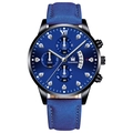 Men's business quartz watch with blue dial, Roman numerals and matte leather strap - Blue Strap Black Case Blue Face Silver Hands