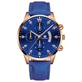 Men's business quartz watch with blue leather strap and rose gold diamond markers - Blue Strap Rose Gold Case Blue Face Rose Gold Hands