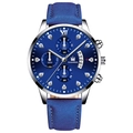 Men's quartz watch featuring a navy blue dial with Roman numerals and matching leather strap - Blue Strap Silver Case Blue Face Silver Hands