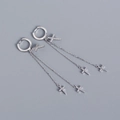 Detailed view of silver S925 sterling silver cross earrings with shimmering tassels - Platinum Silver Color (Pair)