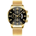 Montre quartz homme avec bracelet en maille dorée, cadran noir et index romains en diamant - Bracelet Or Boîtier Or Cadran Noir Aiguilles Dorées