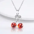Collana in argento sterling 925 con pendente a ciliegia rossa e foglie d'argento - Placcato Platino