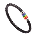 Braided black leather bracelet featuring a rainbow magnetic metal clasp on white background - Black Leather Silver/Rainbow Buckle