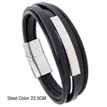 Men's multilayer black leather bracelet with steel color magnetic clasp 22.5cm - 22.5CM / Steel