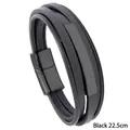 Pulsera multicapa de cuero negro para hombre con cierre magnético y placa metal, 22,5cm - 22.5CM / Negro