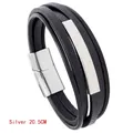 Pulsera multicapa de cuero negro para hombre con detalle metálico en acero y cierre magnético - 20.5CM / Color Acero