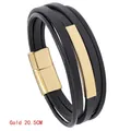 Pulsera multicapa para hombre de cuero negro con placas de metal dorado y cierre magnético - 20.5CM / Dorado