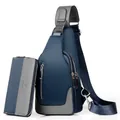 Men's navy blue oxford chest bag with matching long wallet set and leather trim - Chest Bag + Wallet Set / Small / Blue