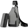 Men's grey oxford chest bag and matching long wallet set with leather details - Chest Bag + Wallet Set / Large / Gray
