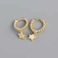 Detailed macro view of gold hoop earrings with small beads and star shaped pendants - Gold Plated 925 Silver / Gold Color (Pair)