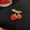 Charming gold alloy cherry brooch featuring sparkling red and green rhinestone accents - Style 1 Full Rhinestone Red Cherry