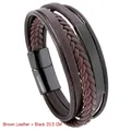 Bracciale multistrato da uomo in pelle marrone e nera con chiusura magnetica in metallo - 20.5CM / Marrone+Nero