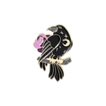 Detail view of gothic black raven brooch with purple rose and golden moon engraving - Crow With Branch And Purple Rose (XZ3248)