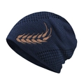 Detailed view of dark blue knit beanie with brown wheat ear embroidery pattern - Large Navy Blue Long Hat