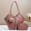 Three-piece retro large capacity faux leather tote bag set with round coin purse and pouch - Pink