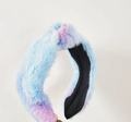 Close-up of fluffy faux rabbit fur headband with blue and pink tie-dye gradient effect - Blue Purple Gradient