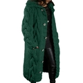 Detail view of dark green cable knit cardigan sweater with chunky texture and large buttons - S / Green