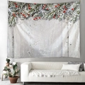 Arazzo natalizio con rami di pino e bacche rosse su sfondo in legno bianco per decoro - 150x130cm / Grana di Legno Bianca Pino